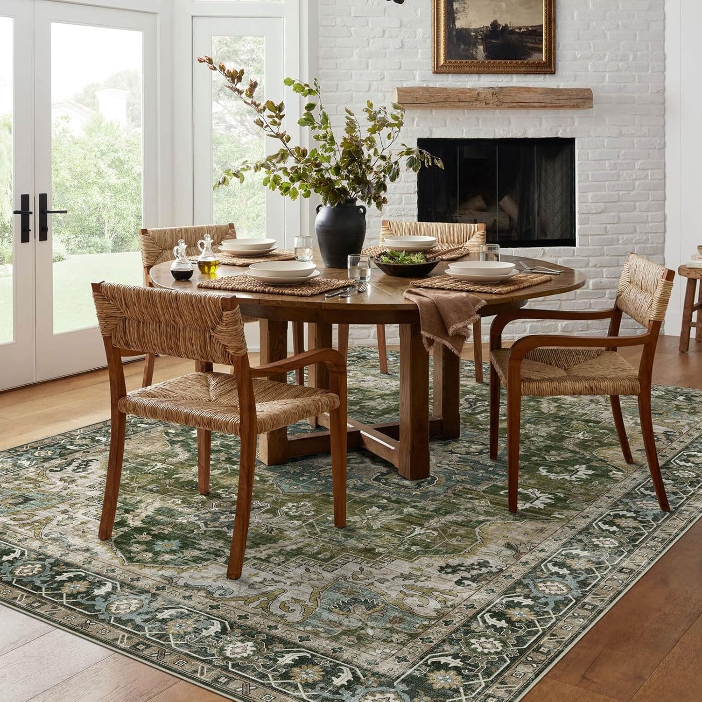 6x9 Area Rug for Living Room - Large Oriental Washable Rugs for Bedroom Non-Slip Moss Green Stain Resistant Dining Room Rug Farmhouse Low-Pile Carpet Soft Vinatge Rug for Office Guest Room