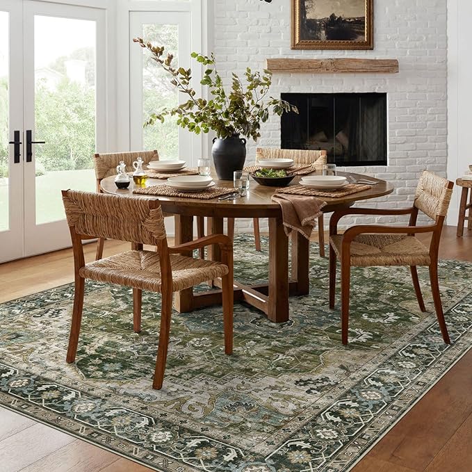 Washable Area Rug 5x7 - Boho Living Room Rug Stain Resistant Soft Bedroom Rug Ultra-Thin Moss Green Vintage Oriental Farmhouse Dining Room Rugs for Under Table Indoor Carpet for Living Room