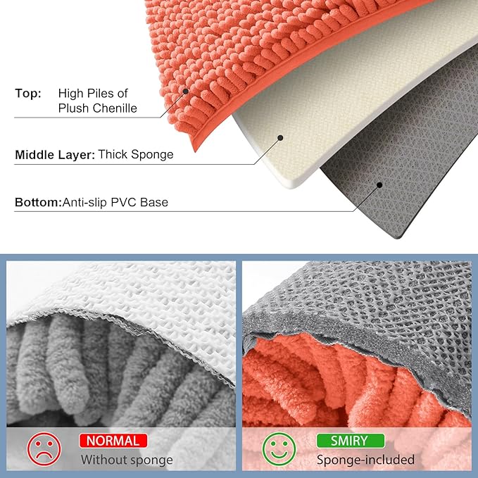 Smiry Luxury Chenille Bathroom Rugs 36x24, Extra Soft and Absorbent Shaggy Bath Mat, Machine Washable, Non-Slip Plush Carpet Runner for Tub, Shower, and Floor, Home Decor Accessories, Coral