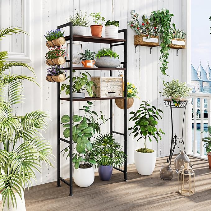 Over The Toilet Storage Rack 3 Tier Bathroom Organizer Shelf Over Toilet Freestanding Space Saver Toilet Stands with 10 Hooks Multifunctional (BlackOak)