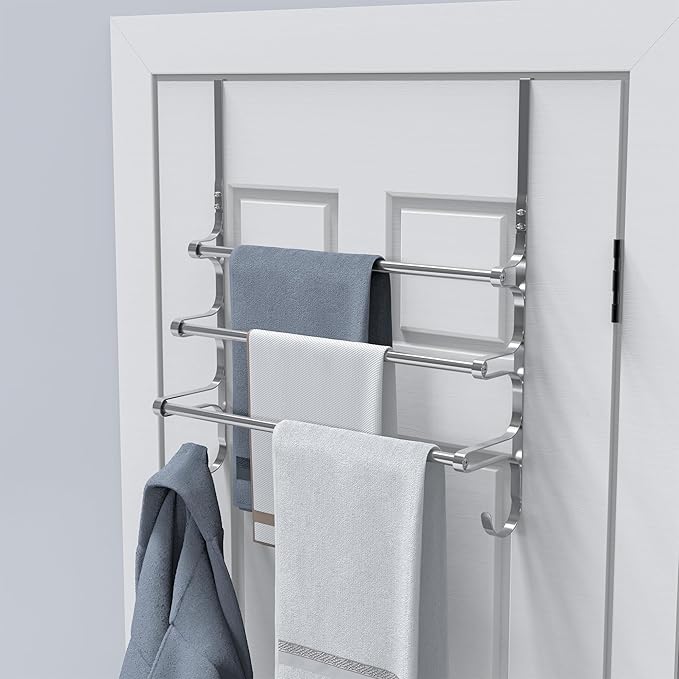 Over The Door Towel Rack, Over Door Towel Rack for Bathroom Door, Triple Towel Storage Holder with Hooks (Silver Gray, 17.32" L)