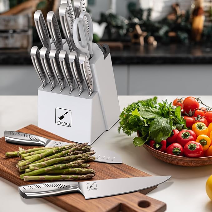 imarku Knife Set, Japanese HC Stainless Steel 15 PCS Kitchen Knife Set With Block With Built-in Sharpener, Razor-Sharp Blade Knife Block Set With Dotted Ergomomic Handle, Best Birthday Gifts, White