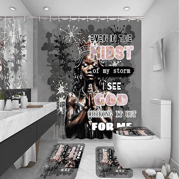 4 PCS Black Queen Shower Curtain Set with Waterproof Shower Curtain, Non-Slip Bath Mat, Absorbent Rug, Toilet Lid Cover, Inspirational Quote Afrcia American Black Woman Halloween Bathroom Decor Set