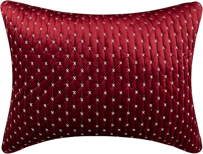 Levtex Home - Cross Stitch Velvet Red Quilt Set - King Quilt + Two King Pillow Shams - Cross Stitched Pattern - Quilt Size (106x92in.) and Pillow Sham Size (36x20in.) - Reversible