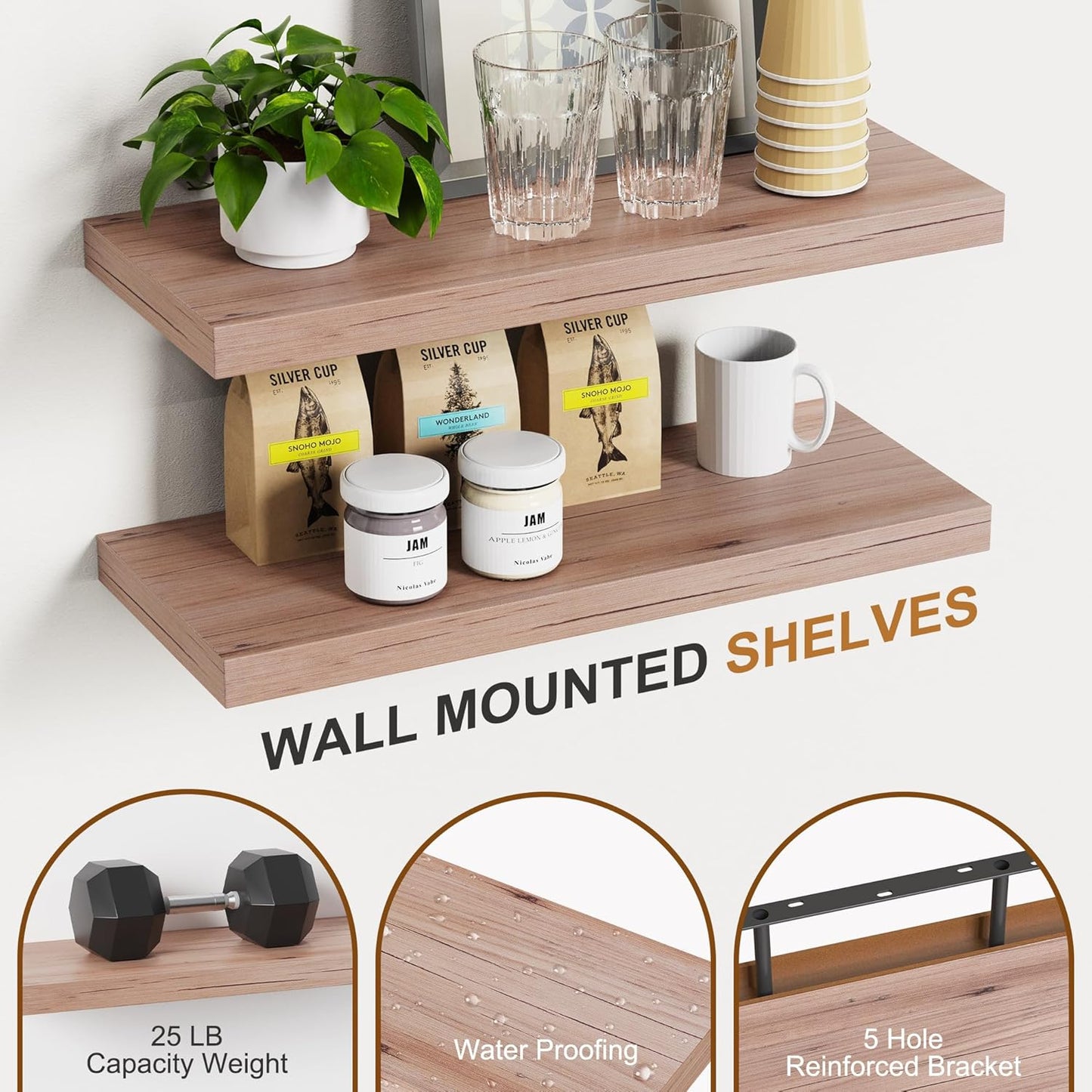 Bellsal Floating Shelves for Wall, Mahogany Wood Wall Shelf Set of 4, 16" Mounted Floating Shelf for Kitchen, Living Room, Bedroom, Bathroom Storage, Book Shelf for Home Decor, Frame Display