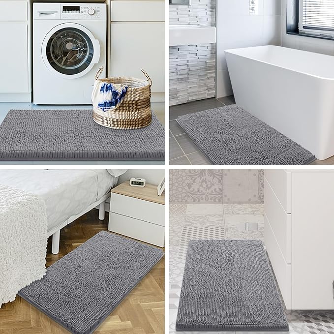 Smiry Luxury Chenille Bathroom Rugs 36x24, Extra Soft and Absorbent Shaggy Bath Mat, Machine Washable, Non-Slip Plush Carpet Runner for Tub, Shower, and Floor, Home Decor Accessories, Grey