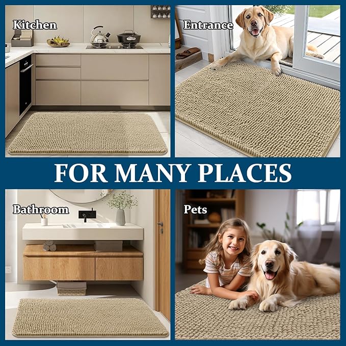 OLANLY Dog Door Mat for Muddy Paws 40x32, Absorbs Moisture and Dirt, Absorbent Non-Slip Washable Doormat, Quick Dry Chenille Mud Mat for Dogs, Entry Indoor Entryway Carpet for Inside Floor, Beige