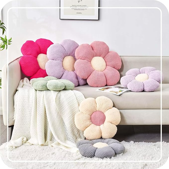 White Brown Flower Pillow, 14.9" Cute Flower Shaped Floor Pillow, Aesthetic Floral Plush Daisy Decorative Throw Pillows for Bed Sofa Couch