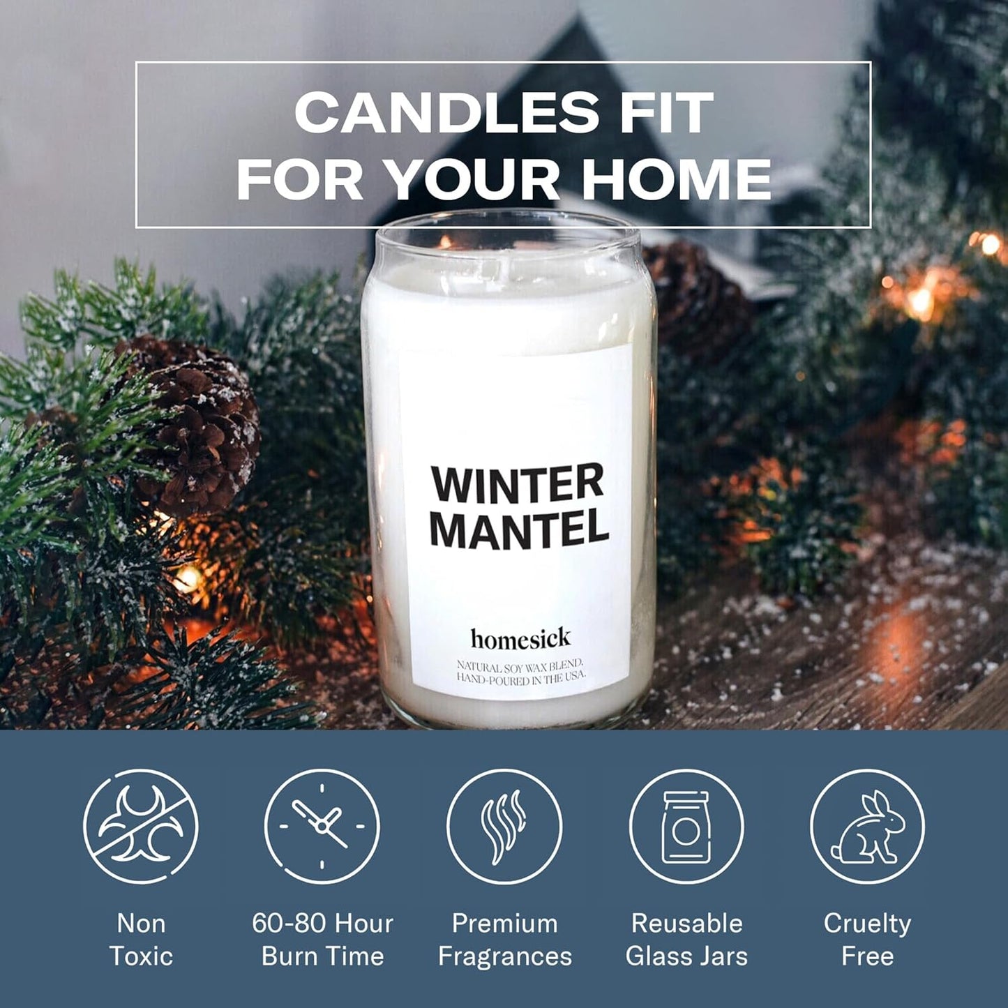 Homesick Scented Candles for Home (Winter Mantel) - 13.75 oz Long-Lasting Soy Wax Blend Jar Candle Gifts for Women & Men for All Occasions, 60-80 Hours Burn Time - Notes of Fraser Fir & Holly Berry