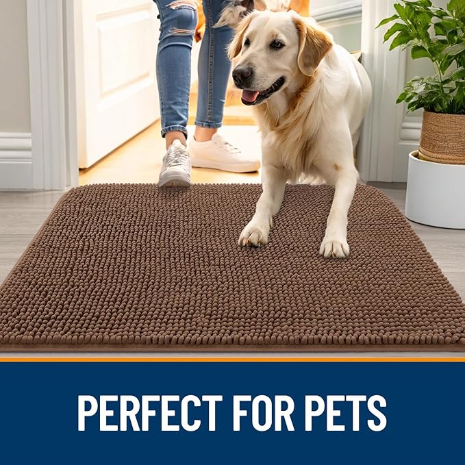 OLANLY Dog Door Mat for Muddy Paws 44x24, Absorbs Moisture and Dirt, Absorbent Non-Slip Washable Doormat, Quick Dry Chenille Mud Mat for Dogs, Entry Indoor Entryway Carpet for Inside Floor, Mocha