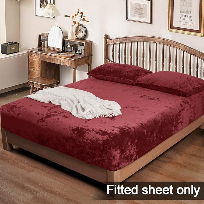 PHF Truly Velvet Fitted Sheet Only Twin Size, Christmas Luxury Super Soft Cozy Fuzzy Fleece Bottom Sheet with Deep Pocket Up to 16", Suitable for Fall Winter Spring, No Pillowcases, Wine Red