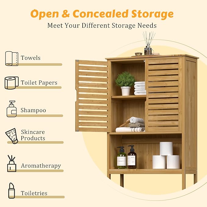 MUPATER 67" H Bathroom Over-The-Toilet Storage Cabinet with Doors and Shelves, Bamboo Over Toilet Organizer, Freestanding Tall Space Saver Toilet Rack, Natural Wood