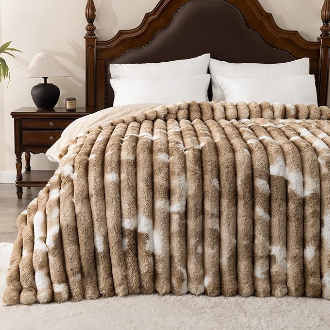 Throw Blanket for Couch - 60" x 80" Faux Rabbit Fur Throw Blanket Cozy Soft Warm Blankets for Bed Sofa Bedroom Living Room Fluffy Striped Blankets for Fall Winter, Home Decor, Brown