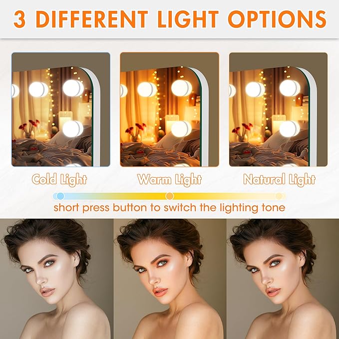 32''X22'' Hollywood Vanity Mirror with Lights, Rounded Rectangle White Frame, 3 Color Lighting Modes & Stepless Dimming, USB & Type-C Charging Port, Wall Mounted Or Tabletop