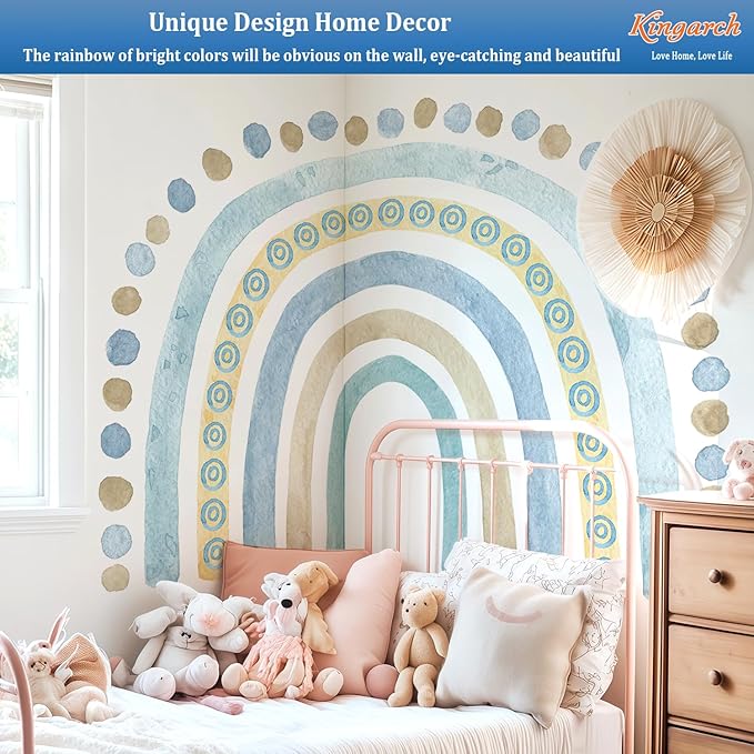 Large Watercolor Rainbow Wall Decals, Blue Dots Peel and Stick Fabric Nursery Wall Decor, Removable Home Room Wall Decor Murals Stickers for Kids Girls Toddler Bedroom Living Room Playroom