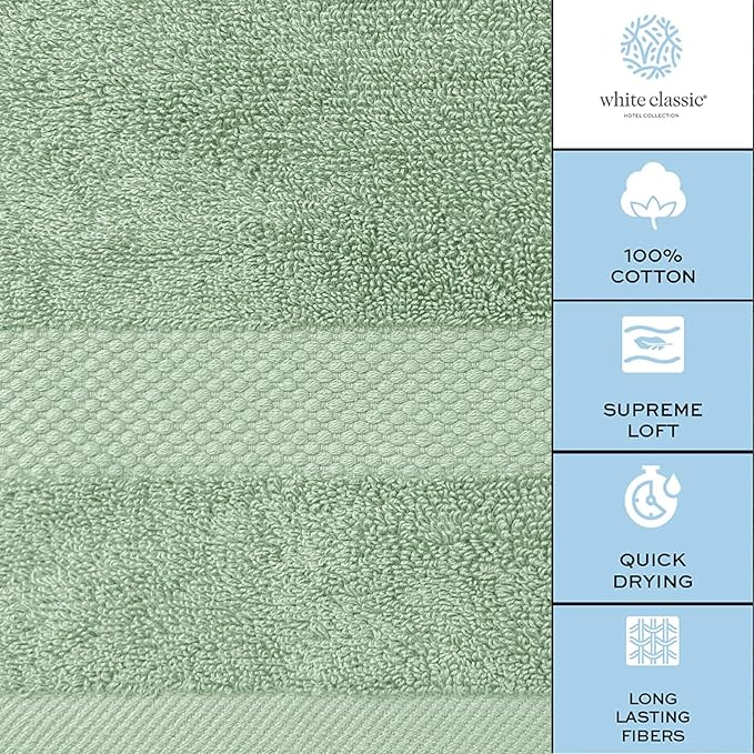 White Classic Luxury Bath Towel Set of 8 Pieces - 100% Turkish Cotton Highly Absorbent Towels for Bathroom, 2 Luxury Bath Towels 700GSM, 2 Hand Towels, 4 Washcloths, Green