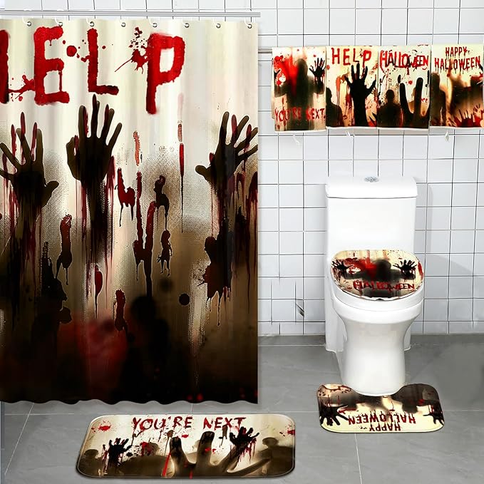 8 Pcs Halloween Help Me Shower Curtain Set for Bathroom Include Scary Ghost Shadow Bloody Hands Shower Curtain Towels Non Slip Rugs Toilet Lid Cover Bath Mat and 12 Hooks for Bathroom Decor