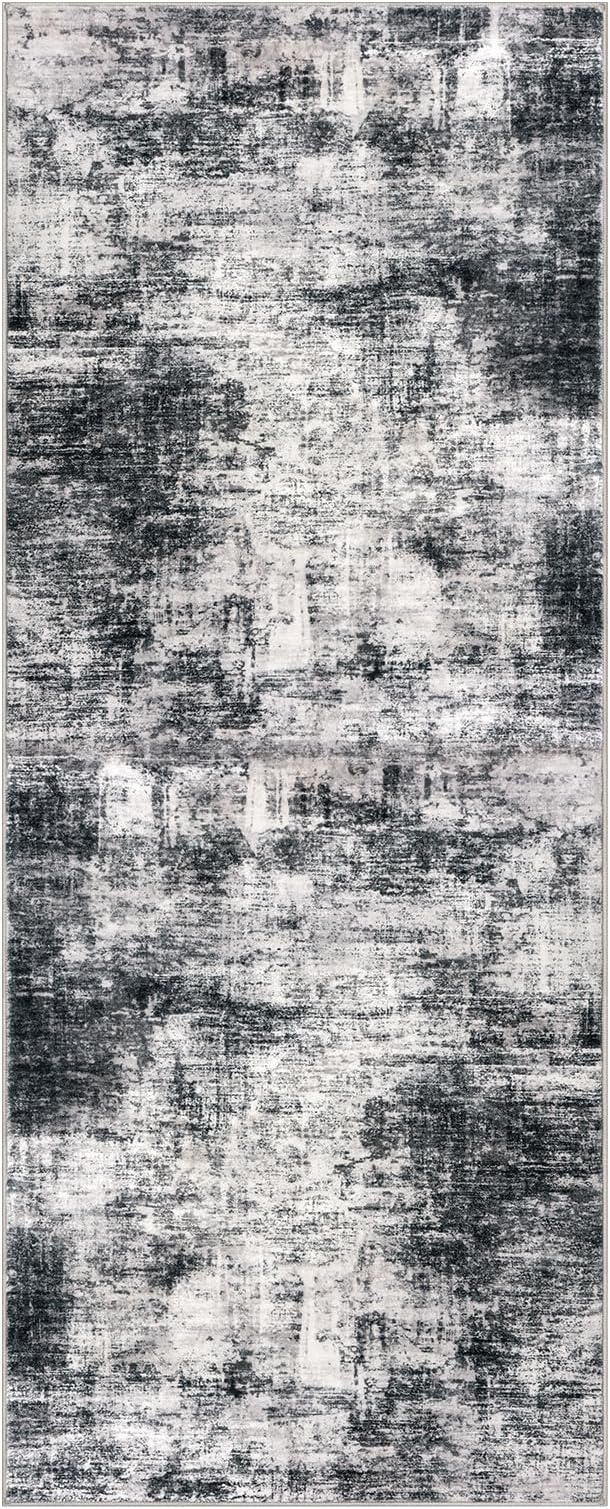 IOHOUZE Abstract Runner Rug 2x5 Ft Washable Runners for Hallways, Non Slip Kitchen Runner Printed Faux Wool Entryway Runner Indoor, Modern Abstract Floor Carpet for Hall Kitchen Bedroom, Black Grey