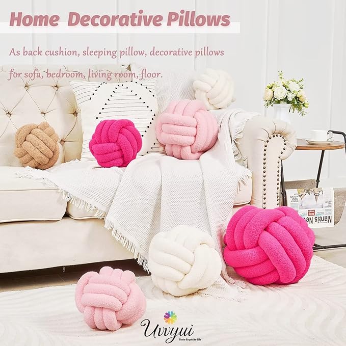 Uvvyui Knot Pillow Ball, Soft Home Decorative Pillows, Round Throw Pillow, Handmade Knotted Plush Pillow, Round Boucle Pillow Cushion (11 Inches Pink)