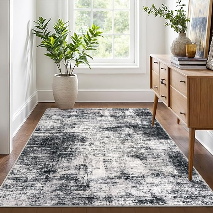 IOHOUZE Abstract Area Rug 4x6 Ft Washable Rugs for Entryway Indoor, Non Slip Small Living Room Rugs Printed Faux Wool Throw Rug, Floor Carpet for Kitchen Nursery Playroom, Black Grey