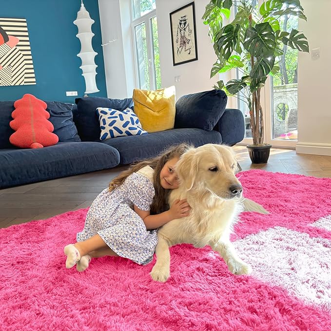 OLANLY Area Rugs for Living Room Bedroom, Machine Washable 4x5.9 ft Soft Fluffy Shaggy Bedside Rug, Indoor Floor Carpet for Kids Girls and Boys, Dorms, Nursery Rooms, Home Decor Aesthetic, Hot Pink