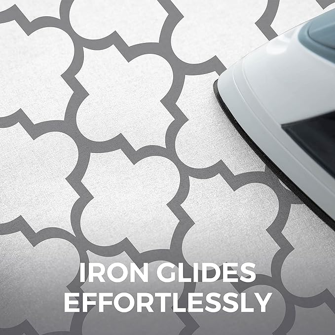 HOME GENIE Ironing Board Cover, Silicone Coating, Full Size Scorch Resistant Padding, Elastic Edge Heavy Duty Iron Pad Covers Standard Boards, Hook and Loop Fastener Strap Extra Thick, Quatrefoil Gray