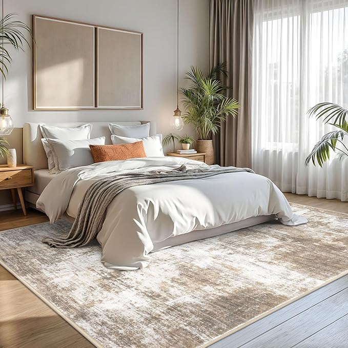 IOHOUZE Abstract Area Rugs 8x10 Ft Washable Large Rugs for Living Room, Non Slip Dining Room Rug, Printed Faux Wool Rugs for Bedroom, Floor Carpet for Office Nursery Playroom, Beige Brown