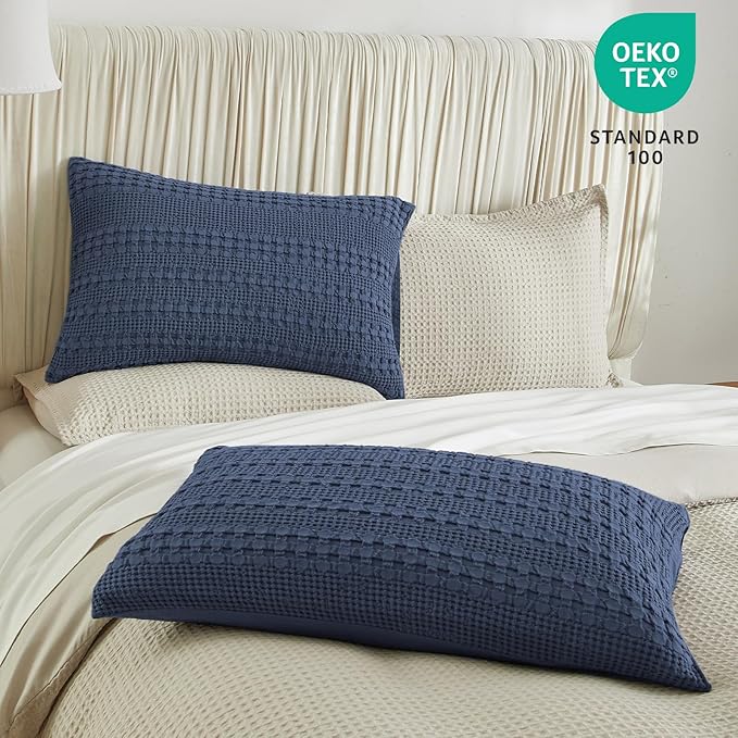 PHF 100% Cotton Waffle Pillow Shams Standard Size, 2 Pack 20" x 26" Soft Skin-Friendly Pillowcases, No Filling, Aesthetic Woven and Breathable Waffle Weave Pillow Case Covers for Bed, Dark Navy