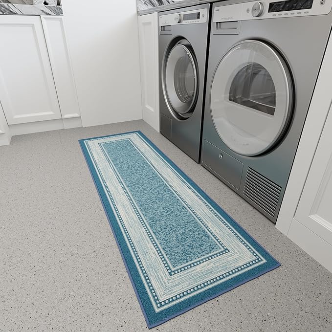 Ottomanson Hallway Runner Rug 20" x 59" Non Slip Border Area Rugs Easy to Clean Laundry Rug Runner Durable & Pet Friendly Floor Carpet Runners for Hallways Entryway Living Room Kitchen, Turquoise