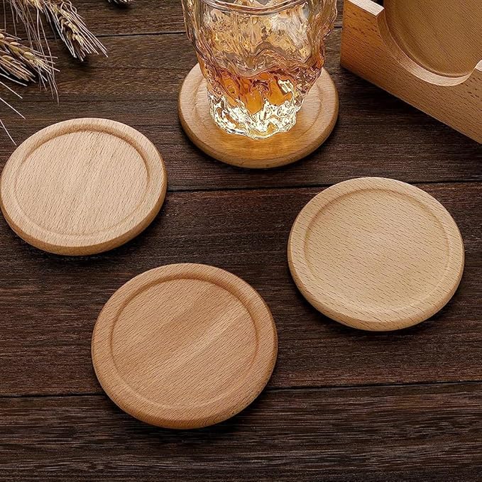 Mu&Ti Wood Coaster, Coffee Beer Coaster.100% Natural Beech Wood Coaster, 6-Piece Coaster Set, Holder Included (Beechwood)