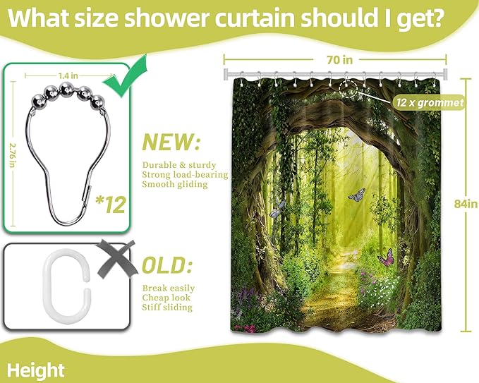 Tree Shower Curtain Green, Nature Garden Shower Curtain Outdoors Scene Shower Curtains for Bathroom, Enchanted Forest Scenic Bathroom Decor Sets, Waterproof Fabric with Hooks (70''W x 84''L)