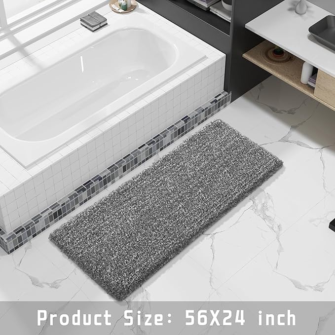 Yimobra Luxury Bathroom Rugs, Fluffy Bath Mats, Non Slip, Water Absorbent Microfiber, Machine Washable, Plush Runner Shower Rug, Thick Mat for Bathroom Floor/Tub, 56"x 24", Light Gray and Black Gray
