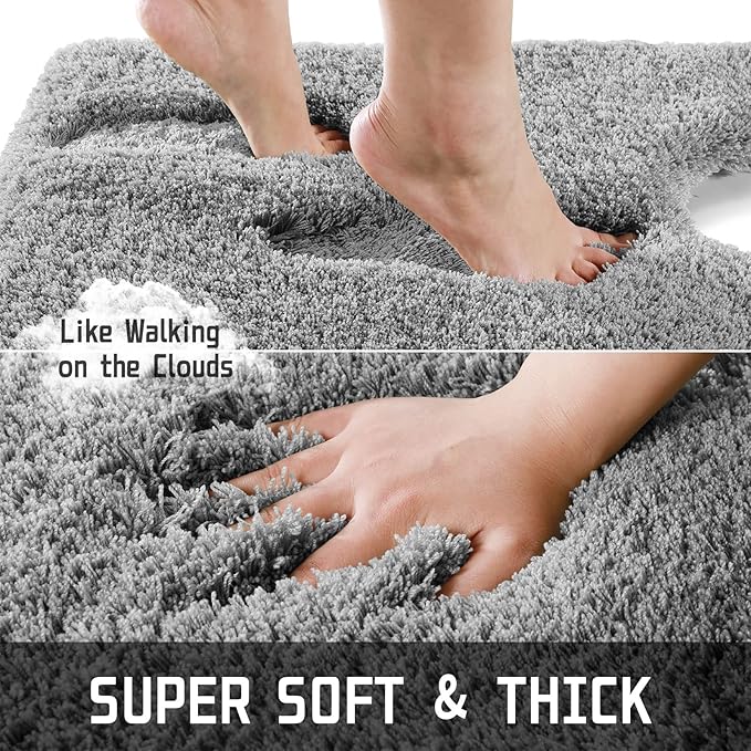 Yimobra U Shaped Toilet Bath Rug, Fluffy Plush, Super Shaggy Soft Non Slip, Water Absorbent Microfiber Bath Mat, Dries Quickly, Machine Washable Thick Bathroom Rugs, 20"x 24", Pure Gray