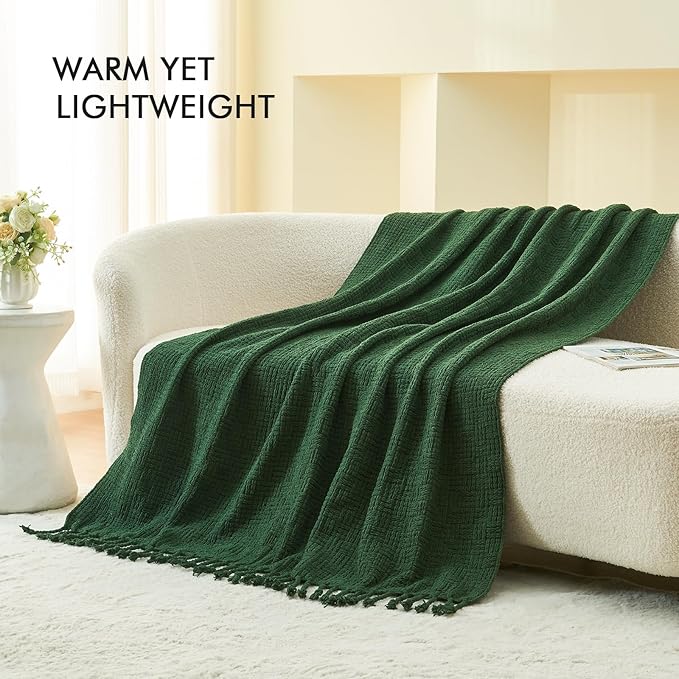 lifein Throw Blanket for Couch - Boho Throw Blanket, Knit Woven Blanket, Soft Decorative Blankets&Throws with Tassels for Bed,Sofa,Chair,Home Decor (Geen, 50 * 60, Waffle)