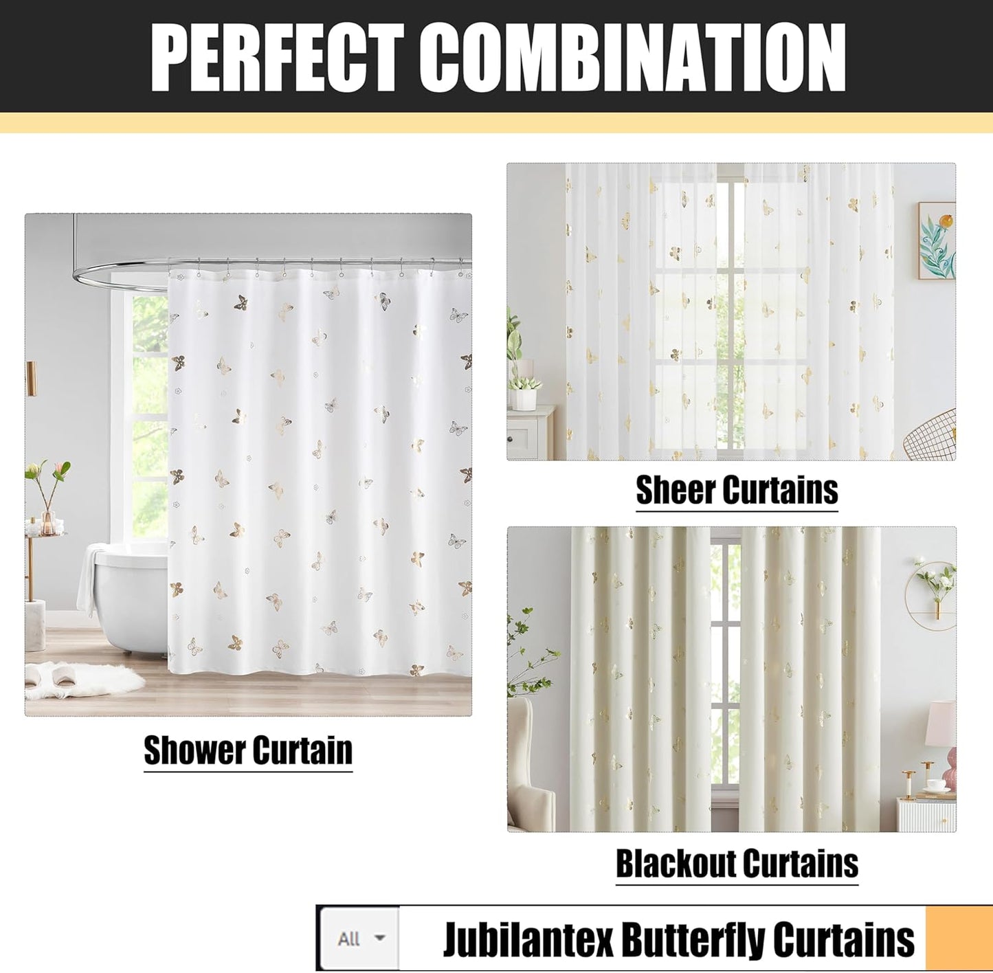 Jubilantex White Gold Butterfly Shower Curtain for Bathroom Farmhouse Waterproof Bathroom Decorative Rustic Kids Shower Curtain with 12 Rust Proof Grommets for Spa Hotel, 70x76 Inches