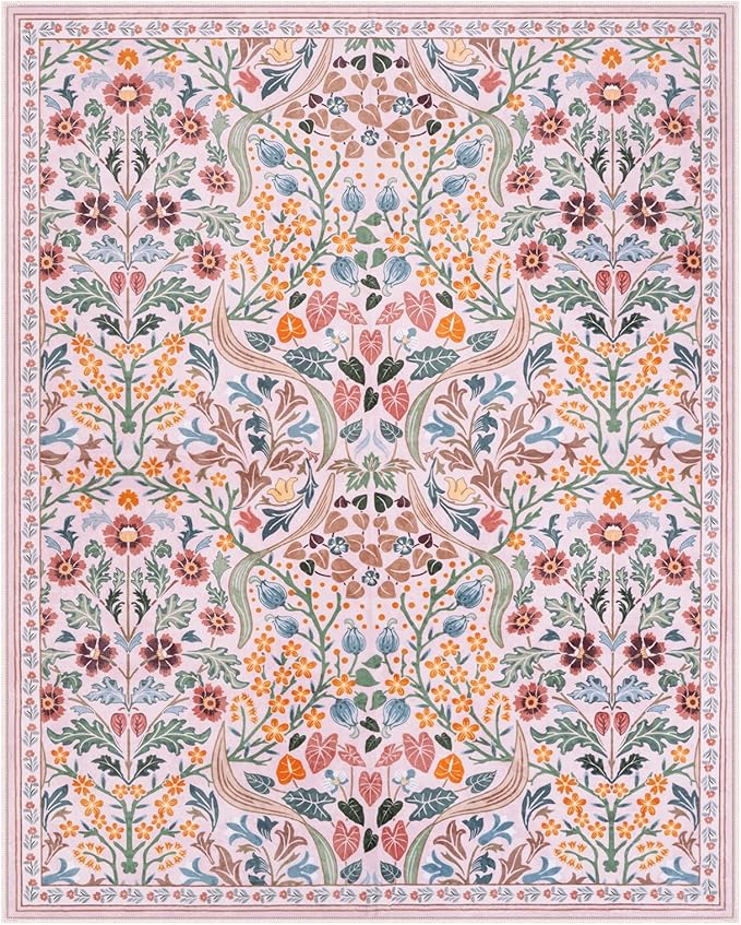 Lahome Floral Pink Boho Rugs for Classroom, 8x10 Flower Washable Rug for Bedroom Girls, Non Slip Botanical Carpet for Living Room Nursery Kids Room, Large Soft Non Shedding Easy to Clean Carpets