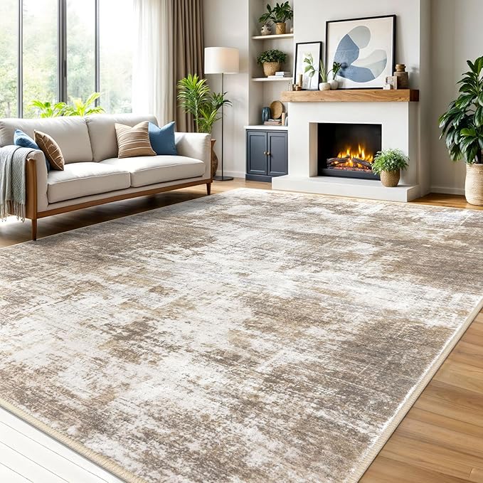 IOHOUZE Abstract Area Rugs 9x12 Ft Washable Large Rugs for Living Room, Non Slip Dining Room Rug, Printed Faux Wool Rugs for Bedroom, Floor Carpet for Office Nursery Playroom, Beige Brown