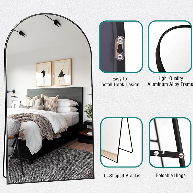 TinyTimes 81''x41'' Oversized Full Length Mirrors, Arched Floor Mirror with Stand, Full Body Large Standing Mirror/Leaning/Hanging Wall Mounted for Living Room, Bedroom, Black