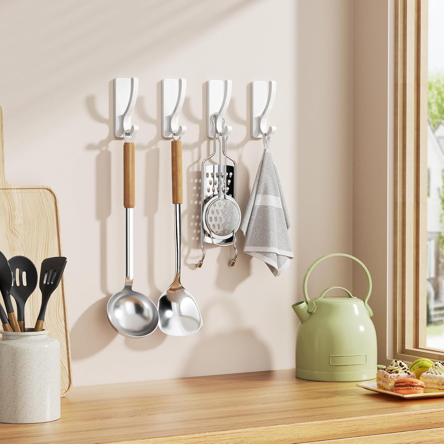 Adhesive Wall Hooks for Towels Coats - Stick On Hooks Hanging Heavy Duty (13lb), Metal Hook for Door, Bathroom, Dorm, Closet - Hanger for Purse, Bag, Robe,Backpack - No Damage to Wall - White 4 Pack