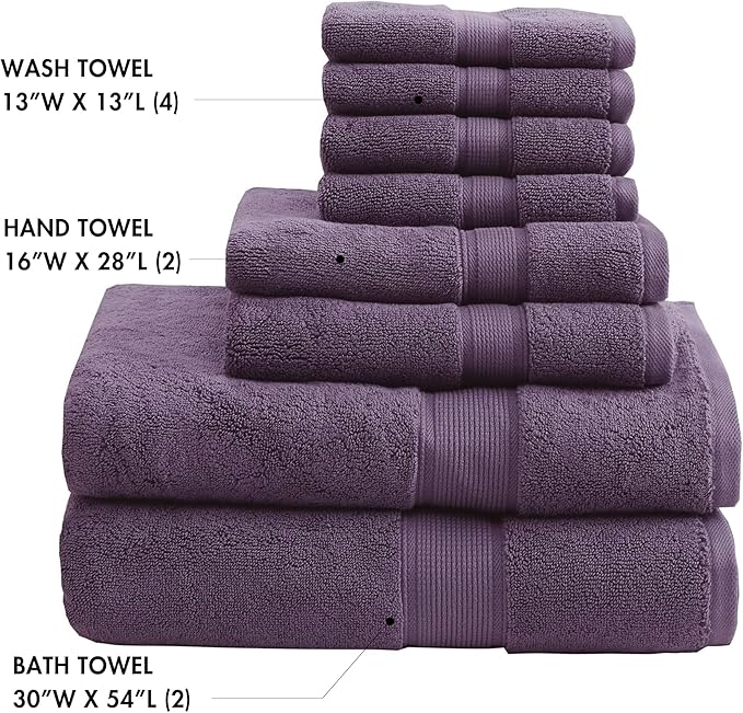 Madison Park 800GSM Bathroom Towel Set of 8 100% Cotton Bath Towel Set for Bathroom Luxurious Highly Absorbent 2 Bath Towels 2 Hand Towels 4 Washcloths Quick Dry Spa Quality Purple