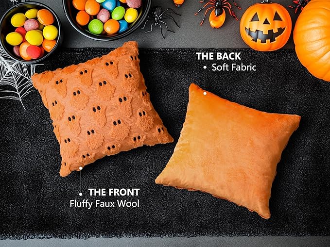 4TH Emotion Halloween Ghost Decorative Pillow Covers 20x20 Set of 2, Orange Soft Plush Faux Fur Farmhouse Throw Cushion Cases for Fall Autumn Holiday Home Decorations