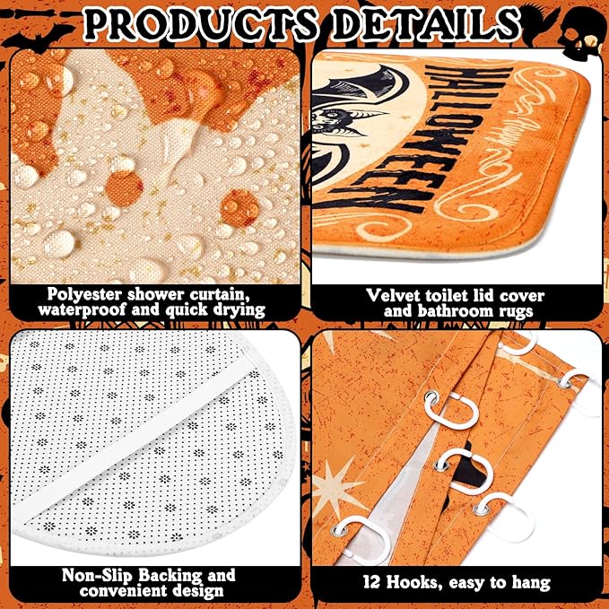 8 Pcs Halloween Shower Curtain Set for Bathroom Include Witch Shower Curtain Black Cat Towels Non Slip Rugs Toilet Lid Cover Spooky Pumpkin Bath Mat and 12 Hooks for Halloween Bathroom Decor