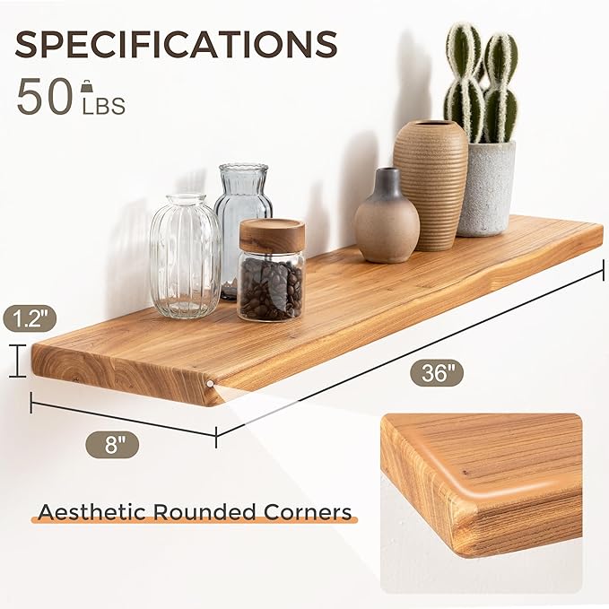 36" Rustic Elm Wood Floating Shelves, 8 Inch Deep Wall Shelves for Home Decor, Wall Mounted Floating Shelf with Invisible Bracket, Heavy-Duty Storage & Display Shelf for Living Room, Kitchen, Set of 2