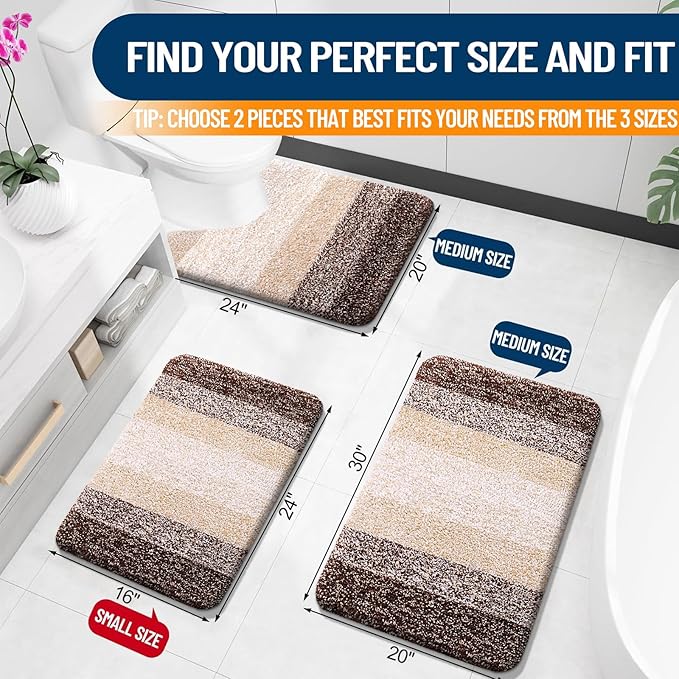 OLANLY Bathroom Rug Set 2 Piece, Soft Absorbent Microfiber Bath Mats and U-Shaped Contour Toilet Rug, Non-Slip, Machine Wash Dry, Plush Shaggy Bath Mats for Bathroom (24"x16"+24"x20", Brown)