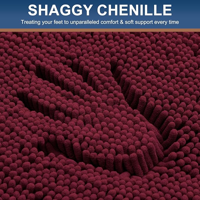 Smiry Luxury Chenille Bathroom Rugs 34x21, Extra Soft and Absorbent Shaggy Bath Mat, Machine Washable, Non-Slip Plush Carpet Runner for Tub, Shower, and Floor, Home Decor Accessories, Burgundy