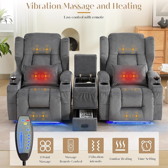 Wall Hugger Power Recliner Chair, Home Theater Seating Electric Recliing Sofa with Massage & Heat, Cup Holder, USB Port, LED Ambient Light, Storage for Living Room (Grey, 2 Chairs + Console)