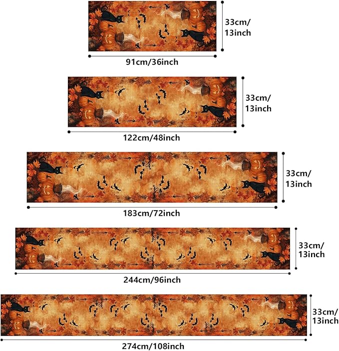 Halloween Table Runner with Black Cats, Bats & Pumpkins, Table Decoration for Dining Party and Home Decor,108x13 inches