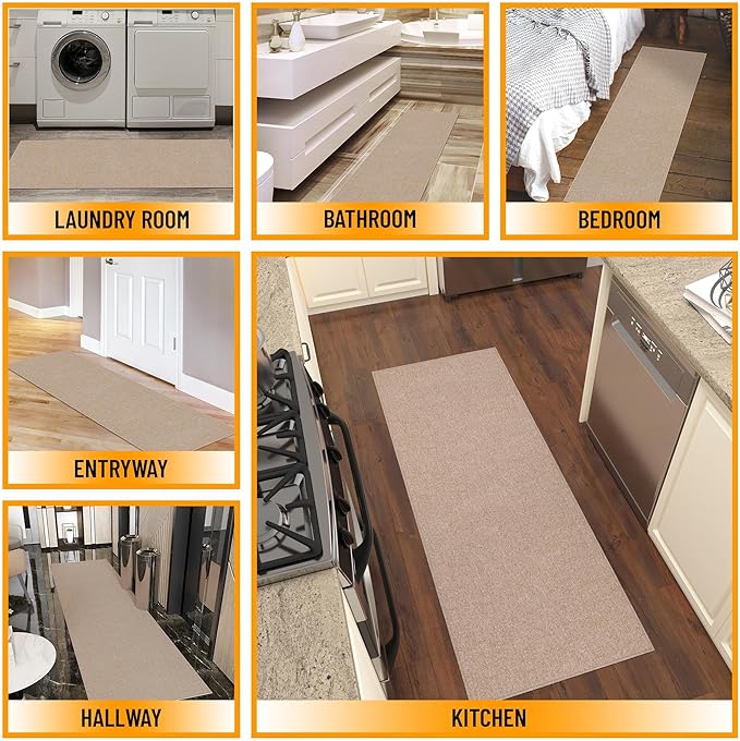 Ottomanson 20" x 59" Ultra-Thin Hallway Runner Rug - Durable Non-Slip Carpet for High-Traffic Areas - Fits Under Doors for Seamless Entry - Ideal for Kitchen, Entryway, Bedroom & Living Room, Beige