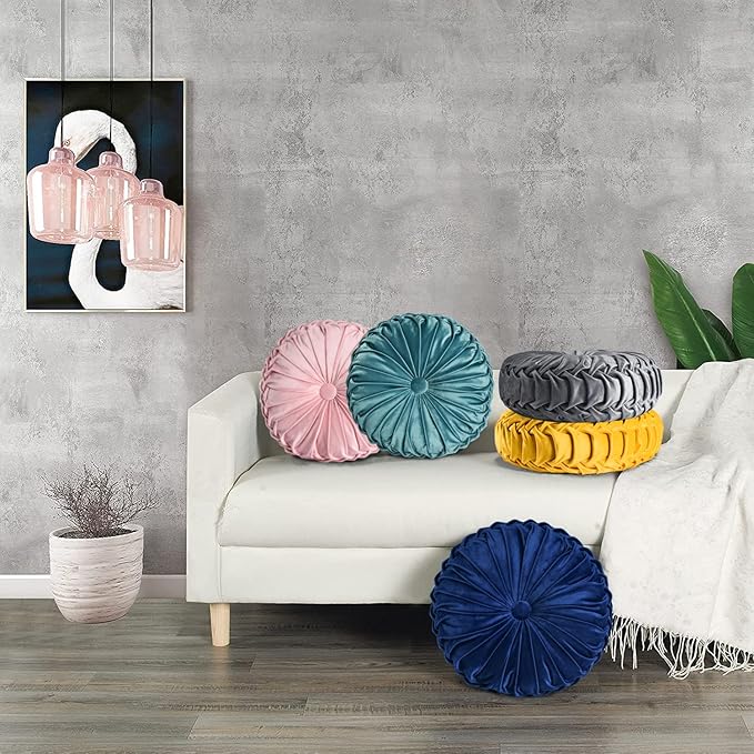 HIG Set of 2 Decorative Round Pleated Throw Pillows, Classy Accent Pumpkin Throw Pillows with Center Button, Vintage Velvet Floor Pillows for Sofa Couch Vanity Chair Bed, Teal, 14.5" Diameter(Ripple)