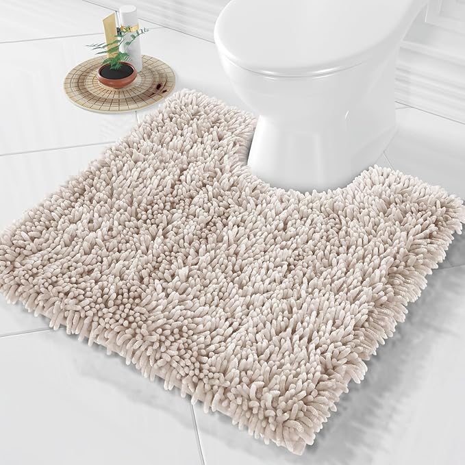 Yimobra Toilet Rugs U Shaped Washable, Extra Thick Soft Absorbent Chenille Contour Bathroom Rugs for Toilet 24x24 Inch, Quick Dry Non Slip Toilet Mat for Bath Floor, Khaki
